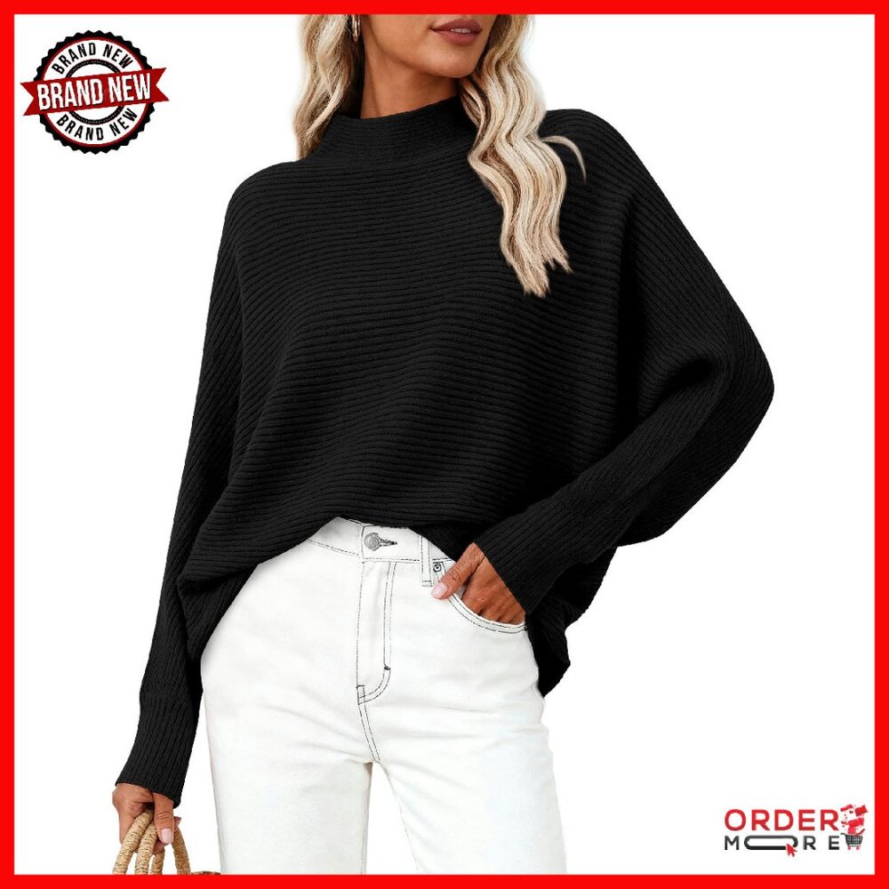 Womens Batwing Sleeve Mock Neck Ribbed Knit Pullover Sweater Cozy Fall